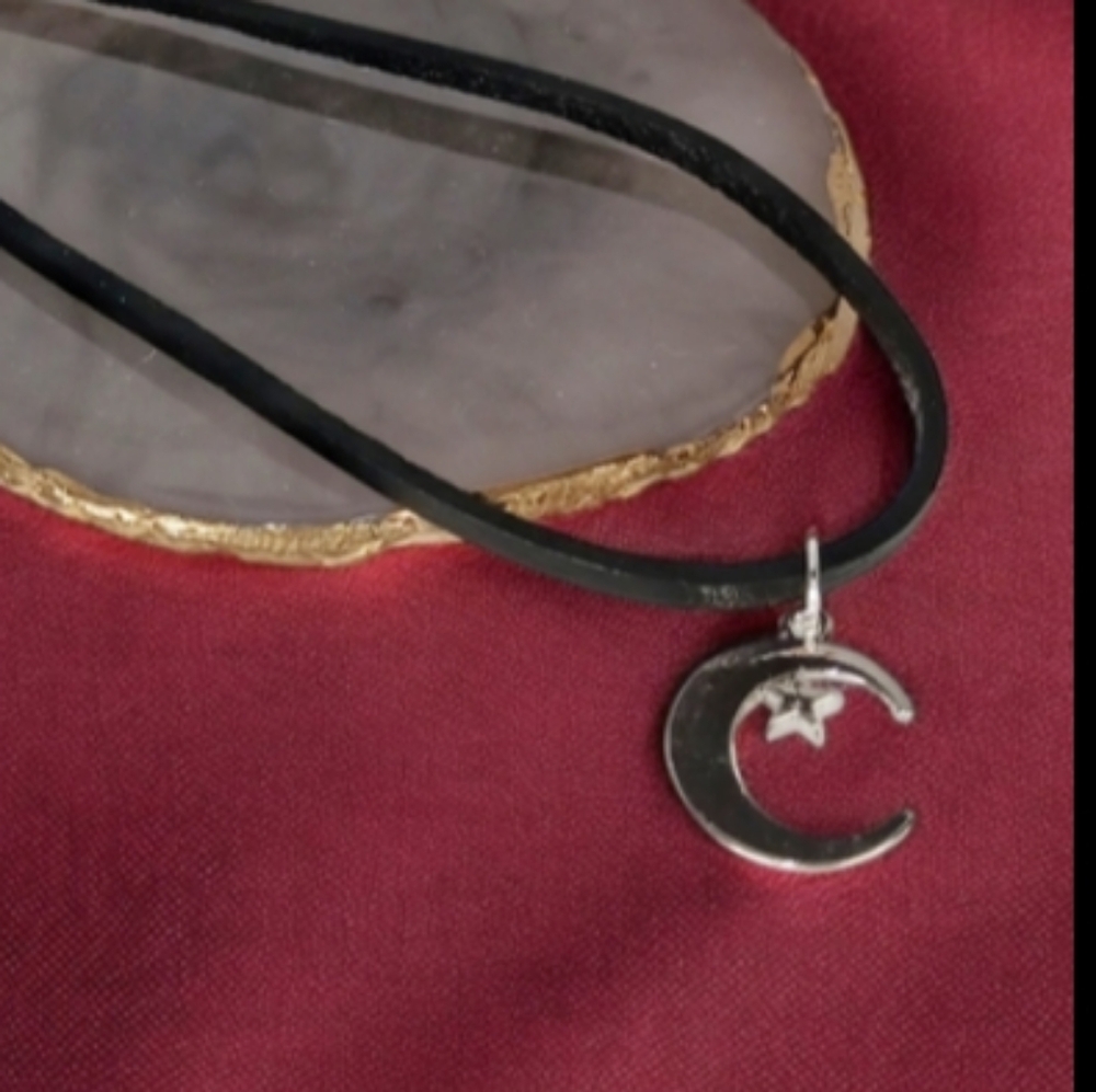Cord Medallion Choker Necklace Crescent Moon & Star Charm Whimsygoth Galaxycore